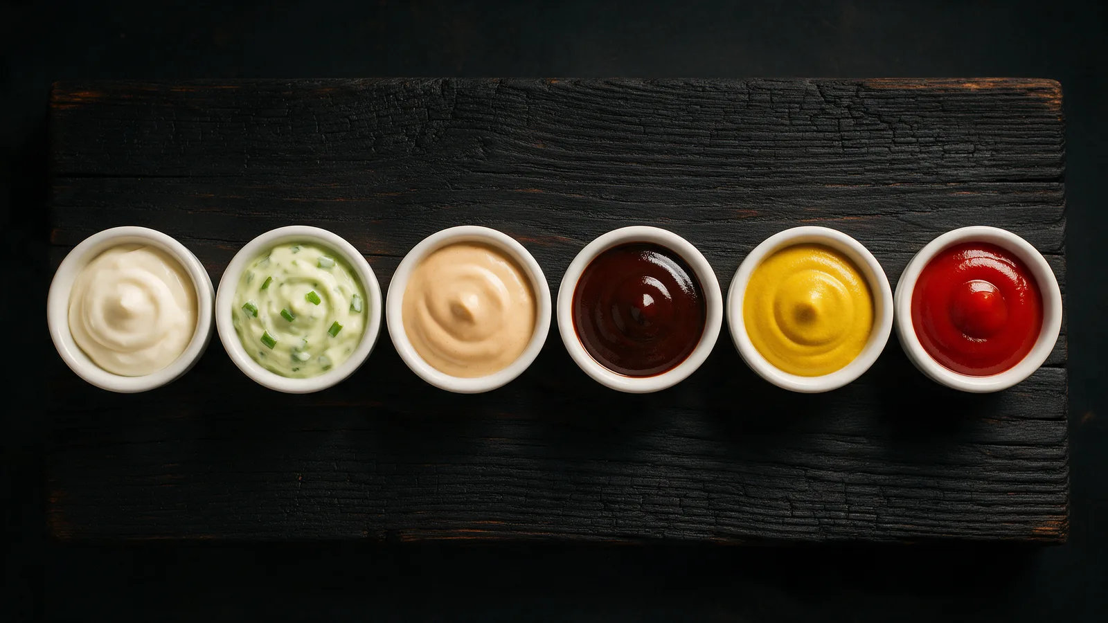 Seis salsas: ajo, verdeo, clásica, BBQ, mostaza y ketchup